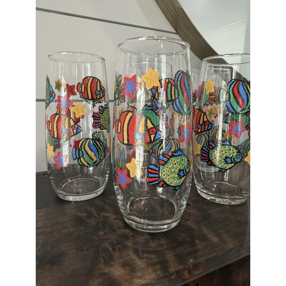 Lot of 5 Libbey 16 oz Tropical Fish Glasses Tumblers Vintage Retro